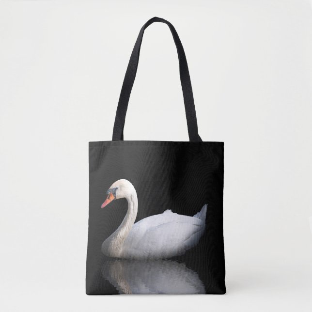 White swan on black tote bag (Front)