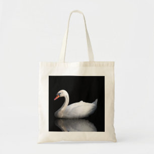 White swan on black tote bag