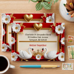 💍 White Swan Pearl Red Gold Wedding Theme 🦢 Envelope