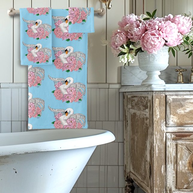 White Swan Pink Flowers Bath Towel Set (Creator Uploaded)