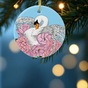 White Swan Pink Flowers Ceramic Tree Decoration