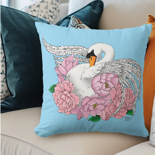 White Swan Pink Flowers Cushion