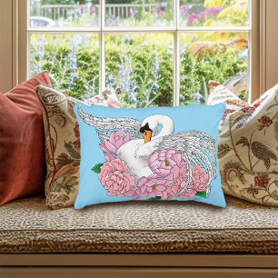 White Swan Pink Flowers Decorative Cushion