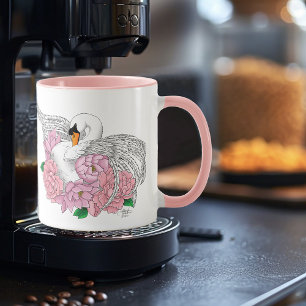 White Swan Pink Flowers Mug