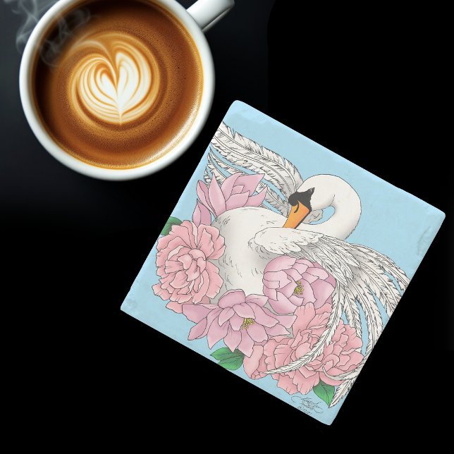 White Swan Pink Flowers Stone Coaster (Creator Uploaded)