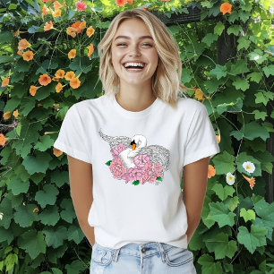 White Swan Pink Flowers T-Shirt