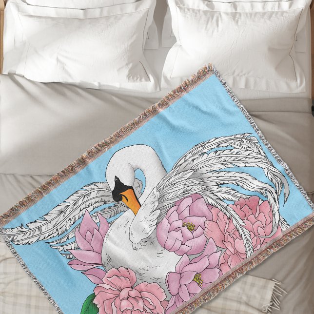 White Swan Pink Flowers Throw Blanket (Creator Uploaded)