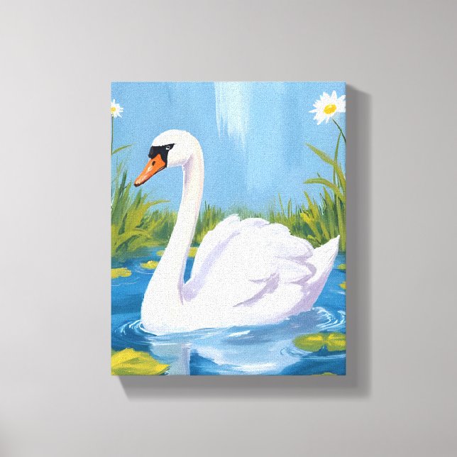 White Swan | Pond Watercolor Bird Painting Canvas Print (Front)