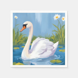 White Swan   Pond Watercolor Bird Painting Napkin