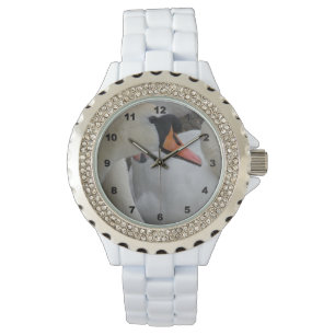 White Swan Rhinestone White Enamel Wrist Watch
