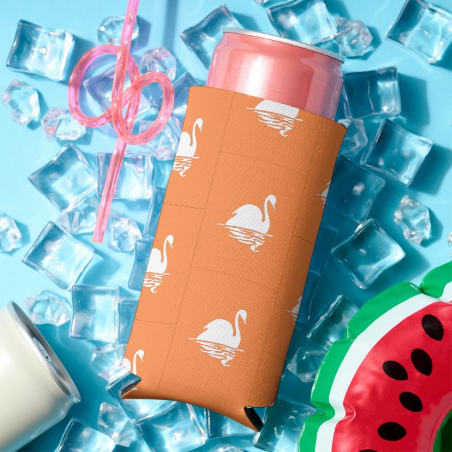 White swan silhouette on orange seltzer can cooler (In Situ Summer)