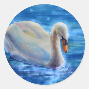 White swan watercolor painting classic round sticker