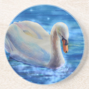 White swan watercolor painting coaster