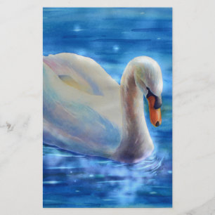 White swan watercolor painting stationery