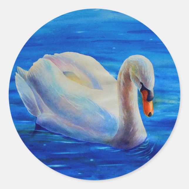 White swan watercolor painting, waterfowl, bird classic round sticker (Front)