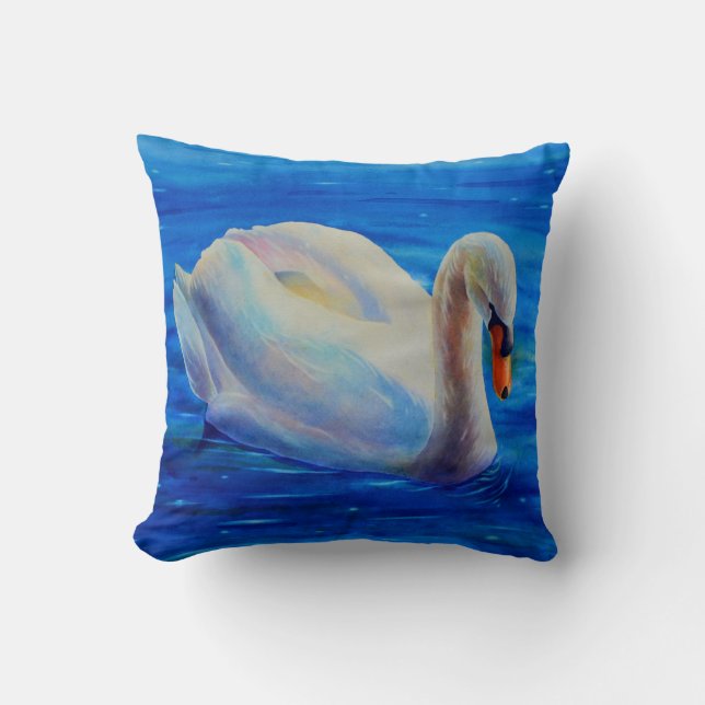 White swan watercolor painting, waterfowl, bird cushion (Front)