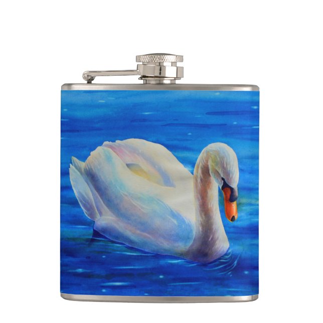 White swan watercolor painting, waterfowl, bird hip flask (Front)