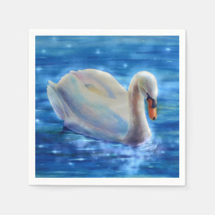 White swan watercolor painting, waterfowl, bird napkin