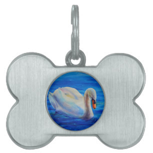White swan watercolor painting, waterfowl, bird pet name tag