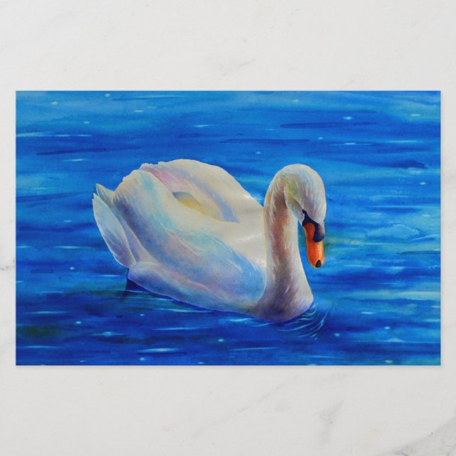 White swan watercolor painting, waterfowl, bird stationery (Front)