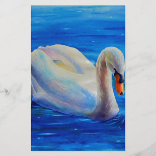 White swan watercolor painting, waterfowl, bird stationery
