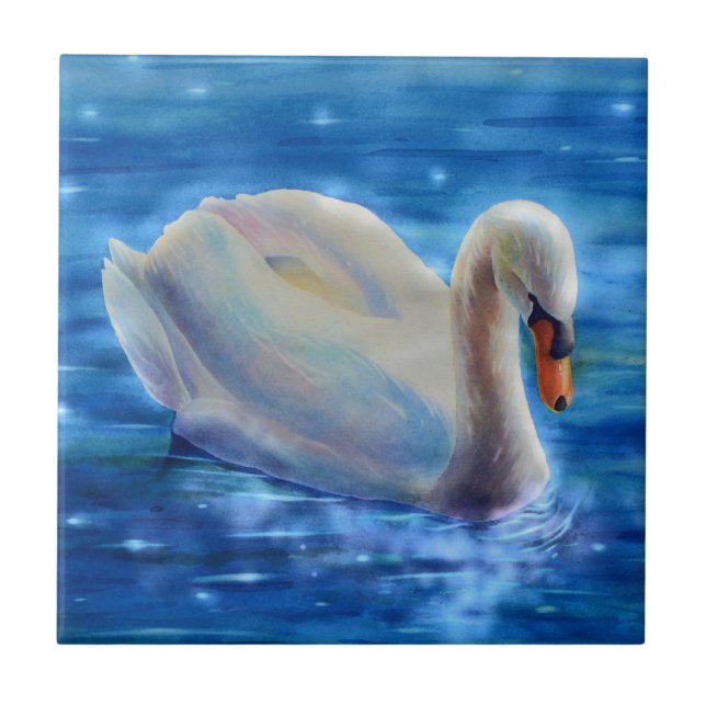 White swan watercolor painting, waterfowl, bird tile (Front)