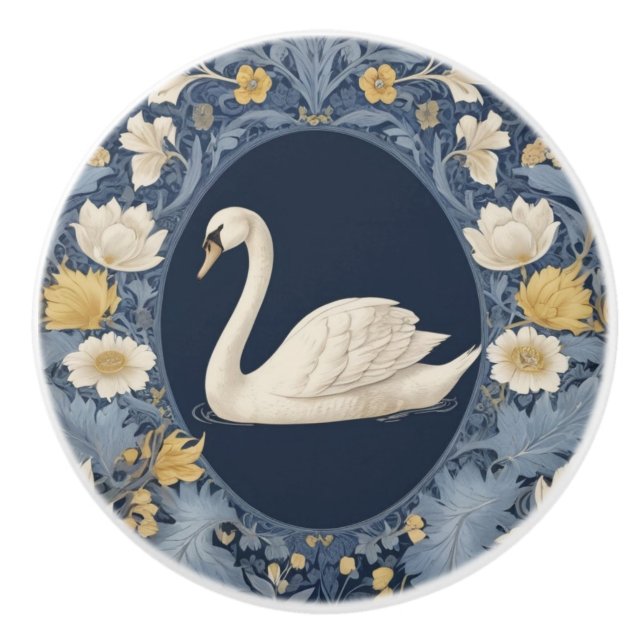 White Swan William Morris style Left facing Bird Ceramic Knob (Front)