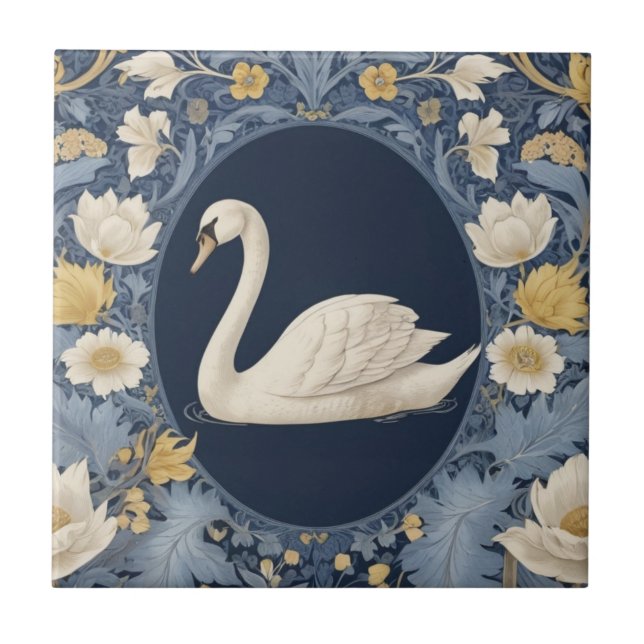 White Swan William Morris style Left facing Bird Tile (Front)