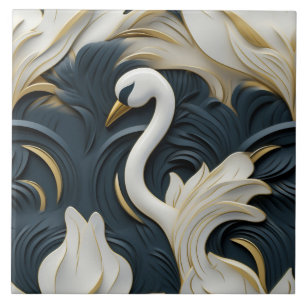 White Swan with Blue Foliage Relief Effect Tile