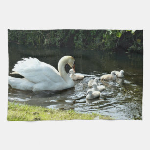 White Swan with Chicks Tea Towel