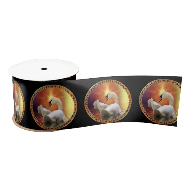 White Swan with gold and orange backdrop Satin Ribbon (Spool)