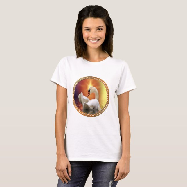 White Swan with gold and orange backdrop T-Shirt (Front Full)