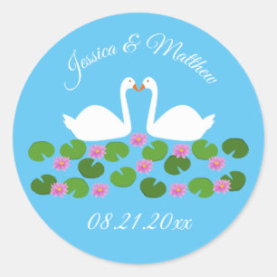 White Swans and Water lilies Custom Wedding Classic Round Sticker