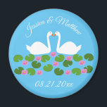 White Swans and Water lilies Custom Wedding Magnet<br><div class="desc">This awesome Wedding magnet features a digital art image of a pair of beautiful white swans with orange becks facing each other looking like they are kissing. Underneath the swans is a group of pretty pink water lily flowers with yellow centres and green lily pads. A beautiful wedding design. There...</div>