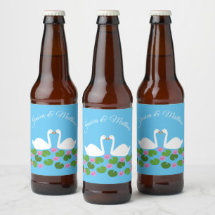 White Swans and Water lilies Wedding Custom Beer Bottle Label