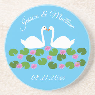 White Swans and Water lilies Wedding Custom Coaster