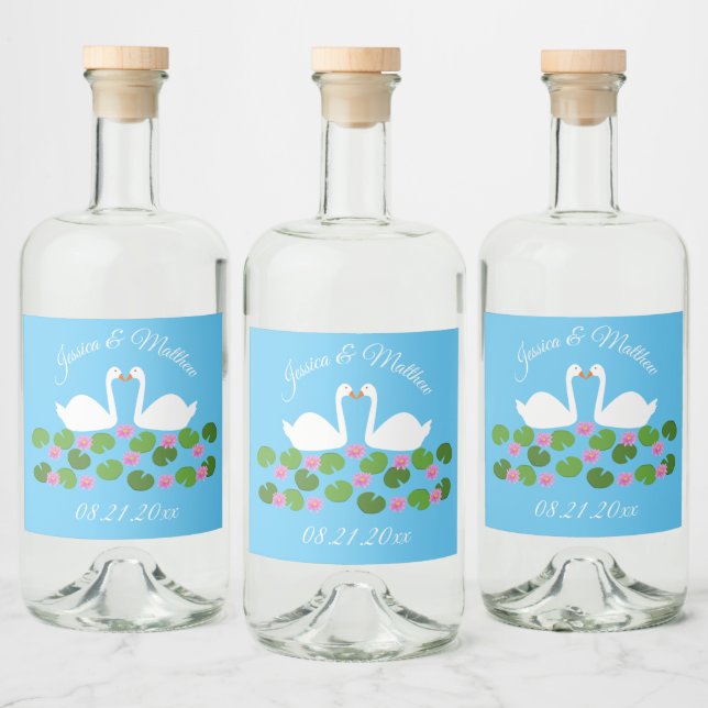 White Swans and Water lilies Wedding Custom Liquor Bottle Label (Bottles)