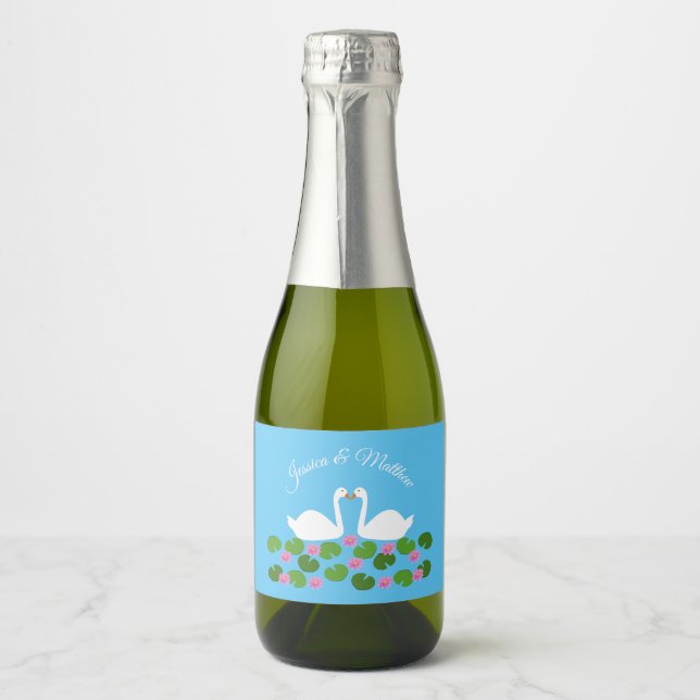 White Swans and Water lilies Wedding Custom Sparkling Wine Label (Front)