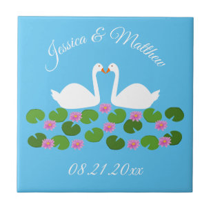 White Swans and Water lilies Wedding Custom Tile