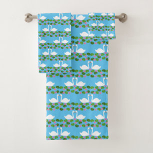 White Swans and Water lilies Wedding Patterned Bath Towel Set