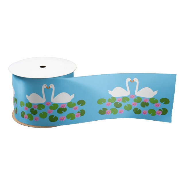 White Swans and Water lilies Wedding Patterned Satin Ribbon (Spool)