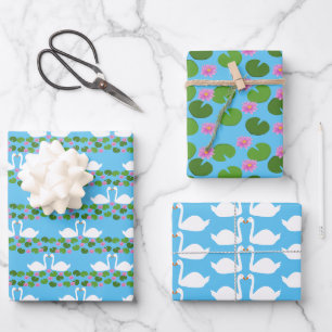 White Swans and Water lilies Wedding Patterned Wrapping Paper Sheet