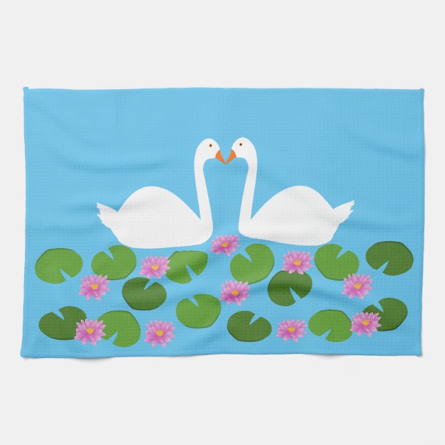 White Swans and Water lilies Wedding Tea Towel (Horizontal)
