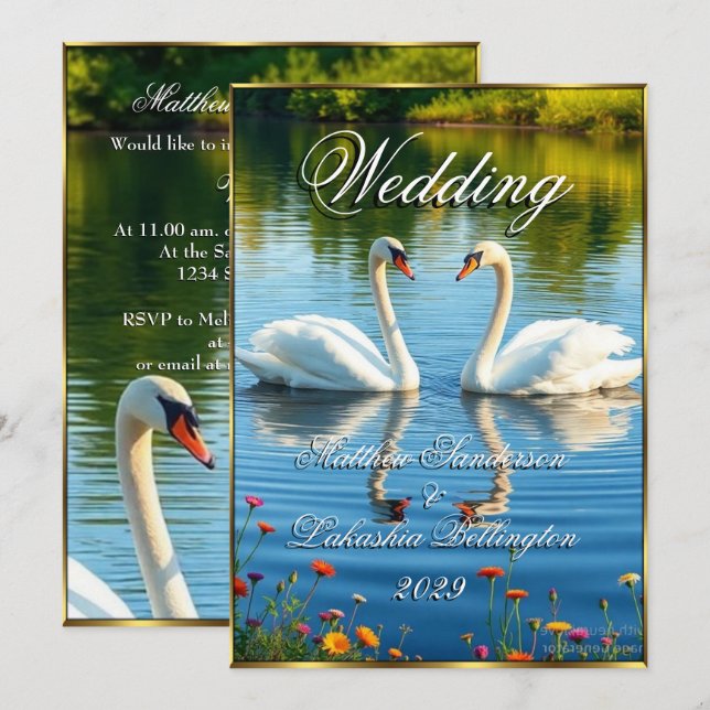  White Swans Beautiful Modern Wedding  Invitation (Front/Back)