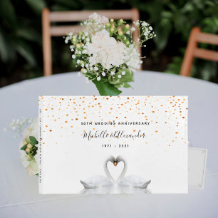 White swans birds 50th gold wedding anniversary guest book