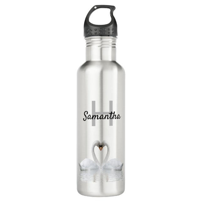 White swans birds love name monogram 710 ml water bottle (Front)