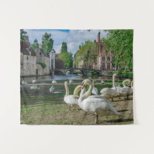 White swans in Bruges city center Tapestry