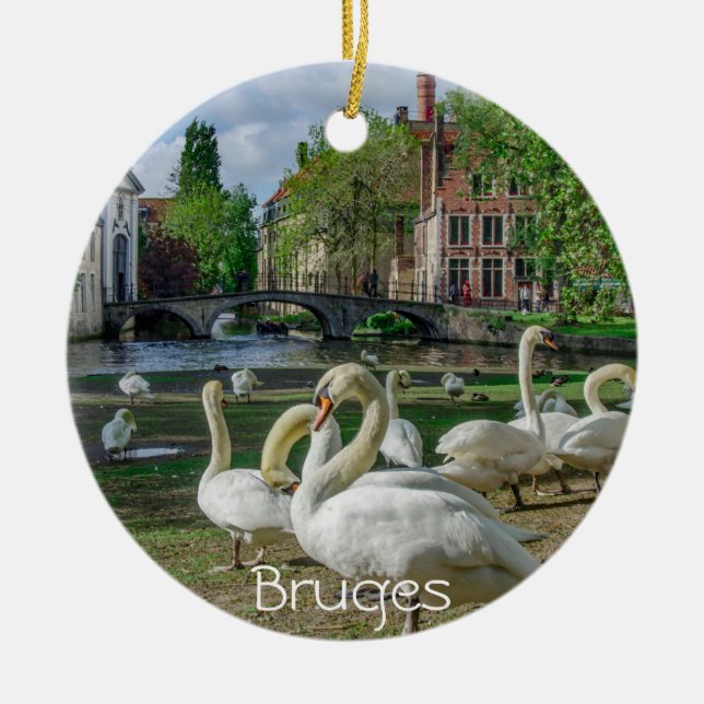 White swans in Bruges downtown Ceramic Tree Decoration (Front)