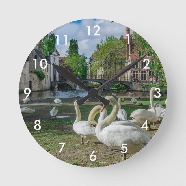 White swans in Bruges downtown Round Clock (Front)