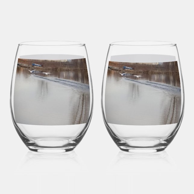 White Swans in Flight/At Dusk Wine Glasses (Front)